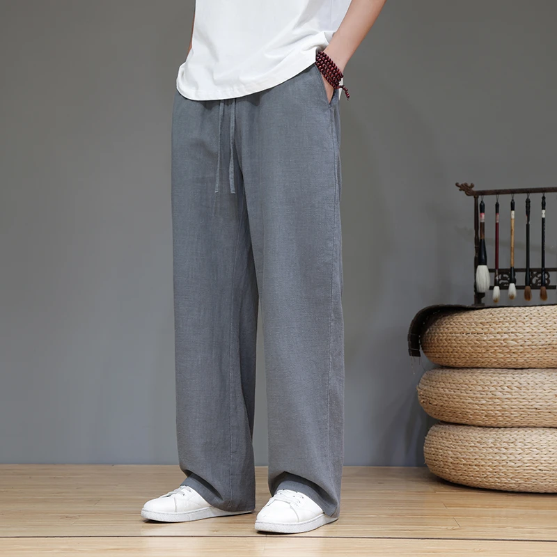 亚麻裤子男士夏季薄款复古宽松大码长裤中国风休闲裤新中式直筒裤