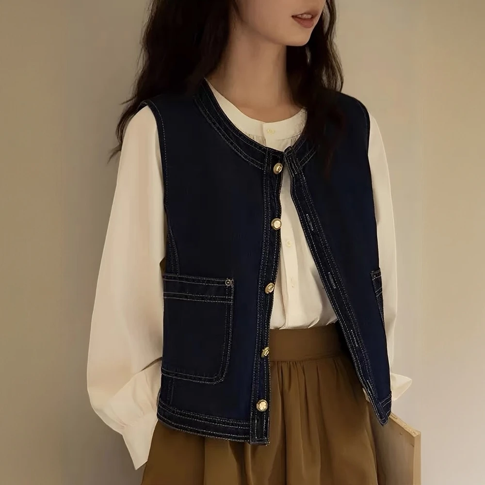 日系复古牛仔马甲女新款春叠穿背心外搭小个子设计感无袖坎肩马夹