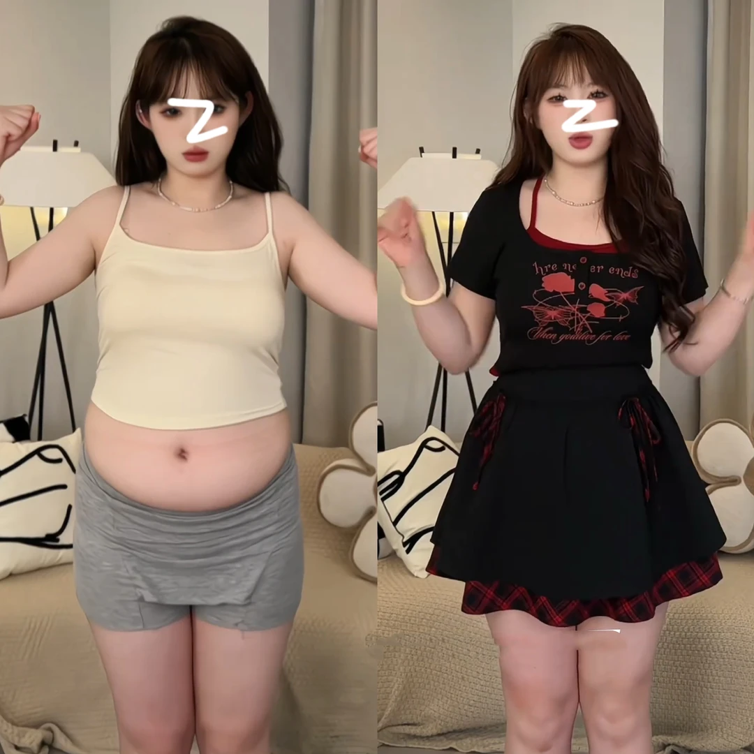 大码辣妹纯欲风假两件正肩短袖t恤女夏季胖mm显瘦绝美别致小上衣