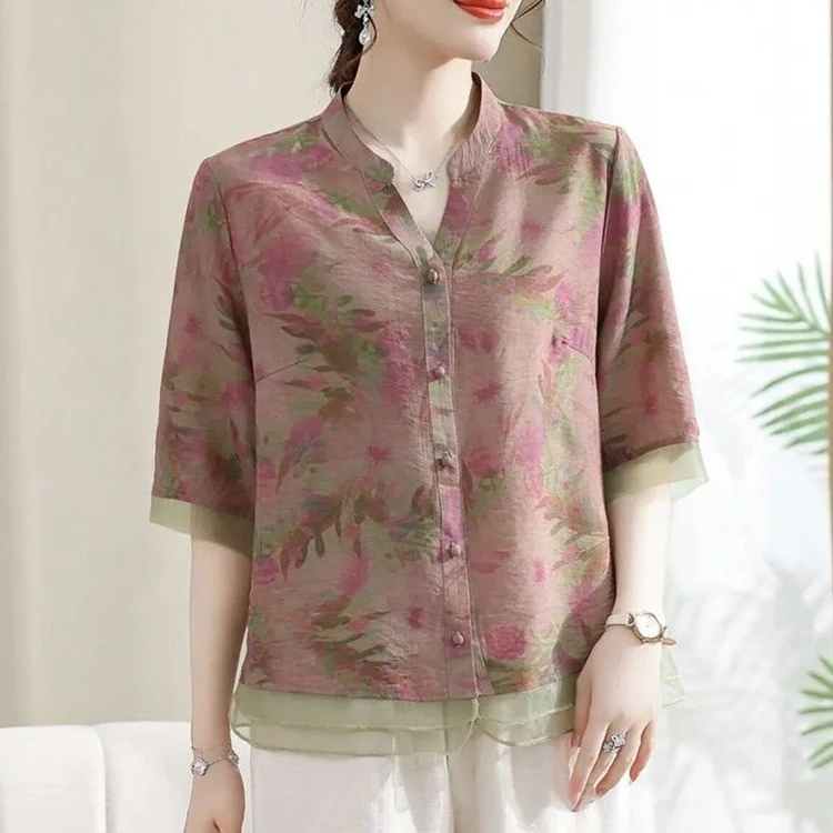 2025妈妈装夏装洋气印花七分袖衬衫中老年女装V领开衫上衣打底衫
