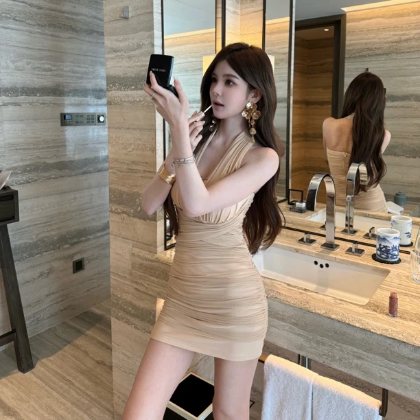 FAY【日不落】挂脖心机纯欲风修身包臀网纱绝美捏褶连衣裙