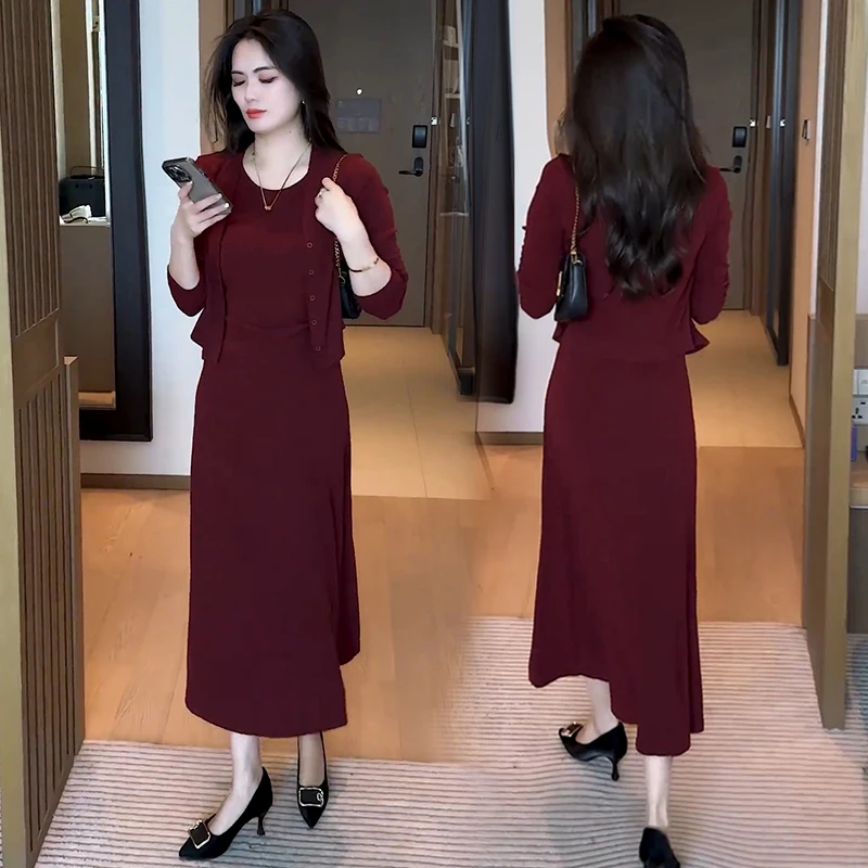 时尚洋气连衣裙套装女春秋新款气质显瘦开衫外套背心半身裙三件套