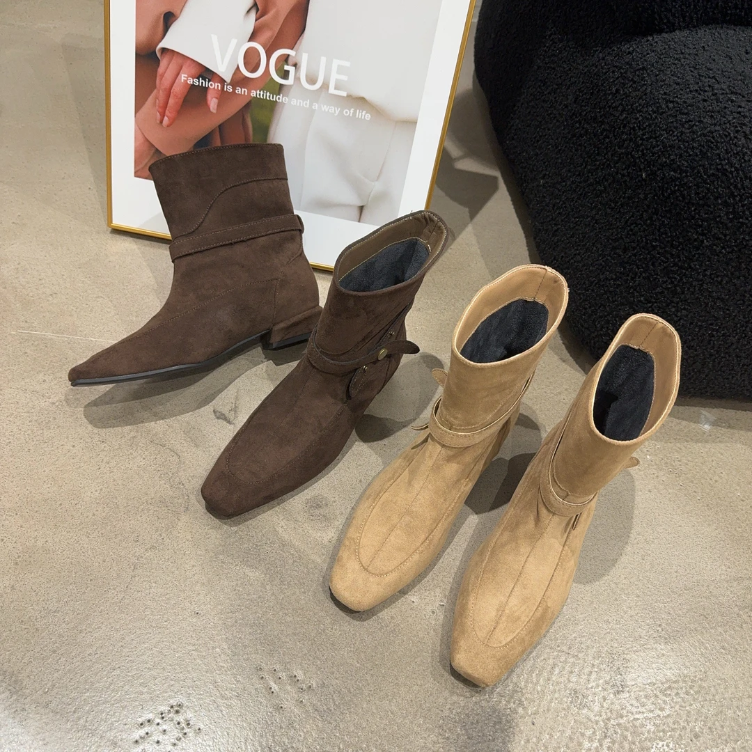 7266-2乐乐家秋季新品女绒面低跟方头瘦瘦靴一脚蹬韩版短靴高3cm