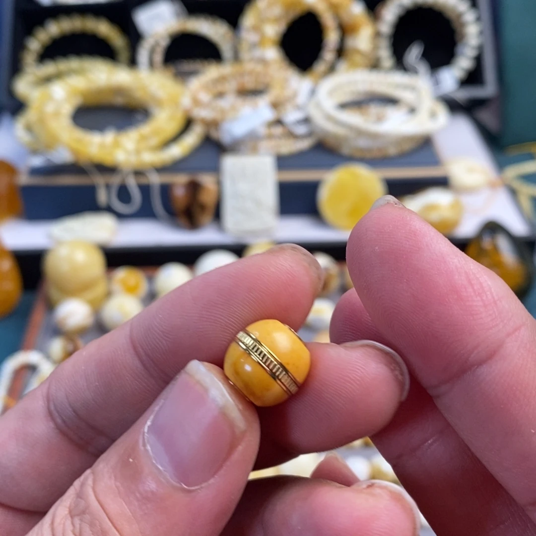 蜜蜡银S925镀金镶嵌裸石12mm微微瑕汉堡珠