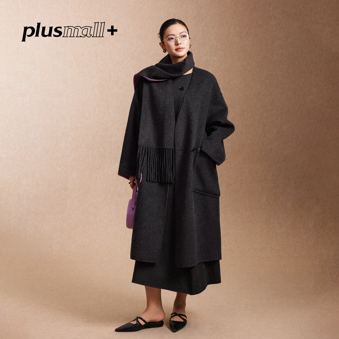 PLUSMALL 双影流年 气质V领绵羊毛双面呢大衣女长款PM2509052
