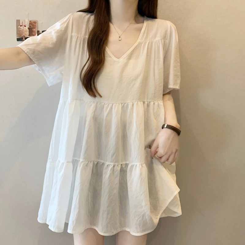 大码女装遮肚子V领正肩短袖衬衫女夏季胖mm宽松显瘦薄款雪纺上衣