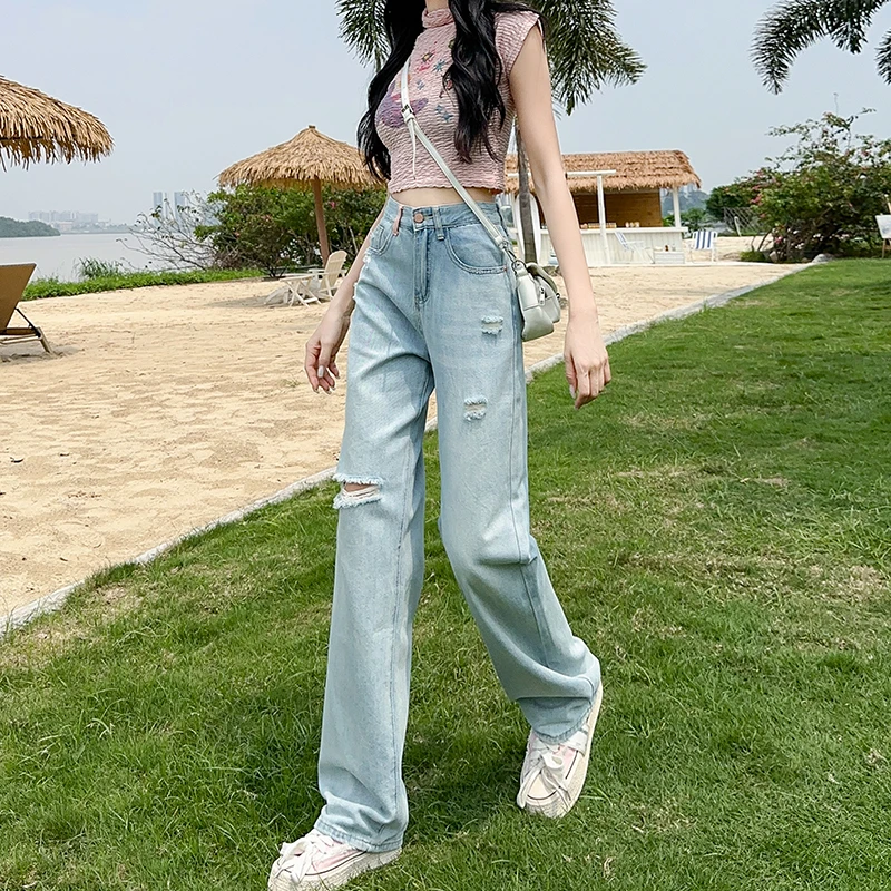 2025破洞牛仔裤女夏季薄款大码设计感高腰显瘦阔腿百搭复古韩版潮