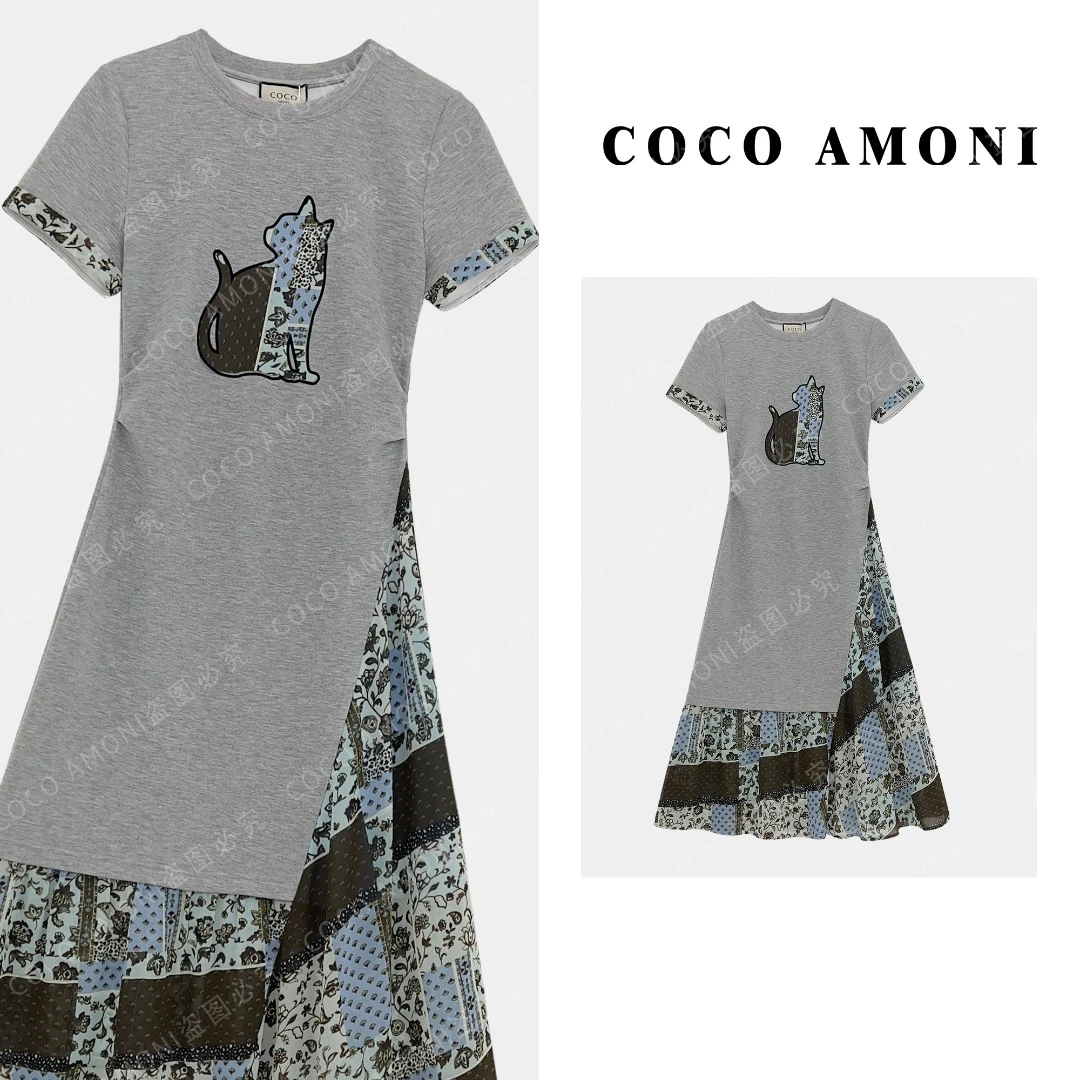 [曼姐]时尚设计师高端原创夏日女装拼接褶皱收腰气质连衣裙AC672