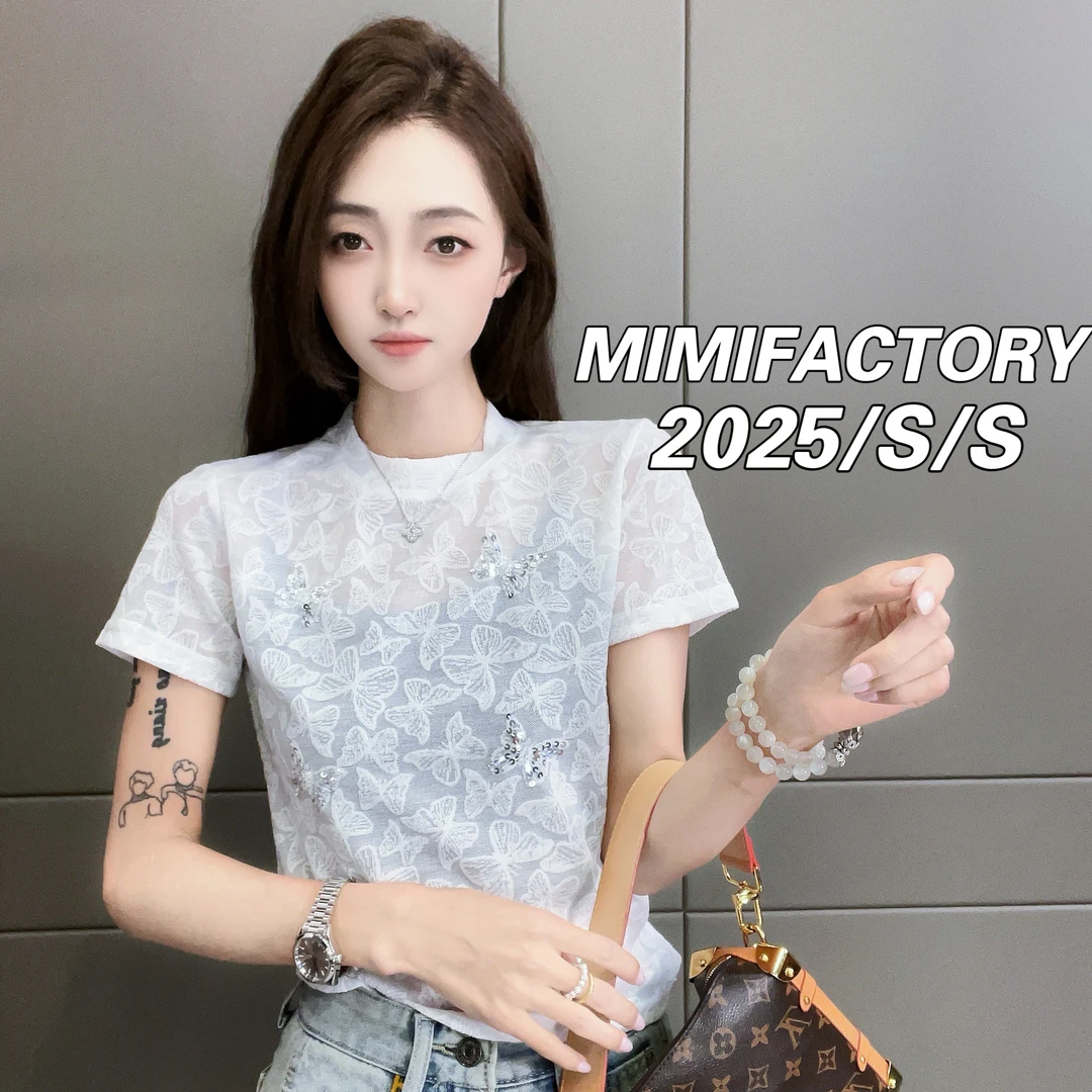 2025新款 蕾丝亮片蝴蝶设计短袖T恤女修身显瘦百搭上衣4492#
