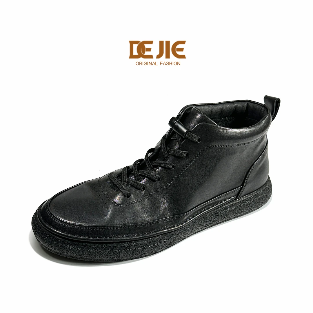 冬季男士黑色工作休闲鞋真皮透气潮流鞋子男款高帮鞋加绒中帮靴子