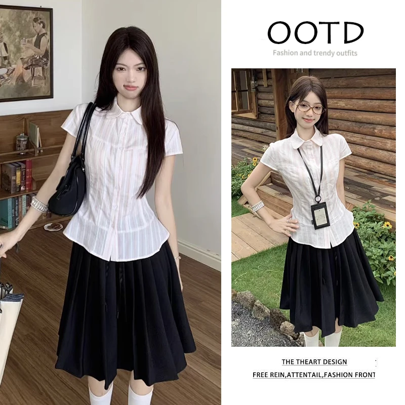【现货】学院风套装甜美条纹短袖衬衫女夏季复古高腰百褶裙两件套