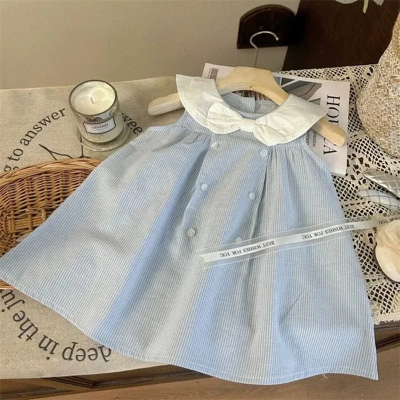 韩国童装连衣裙2025夏款新款女童洋气背女孩海军领蝴蝶结公主裙