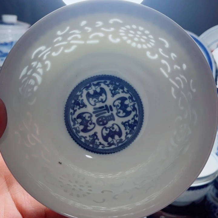 青花玲珑6寸面碗满雕满福