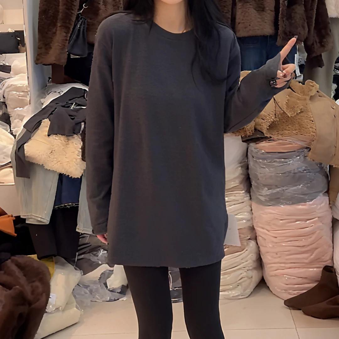 2025秋冬新款气质韩版纯欲风时尚小众加绒长袖T恤女中长款上衣潮