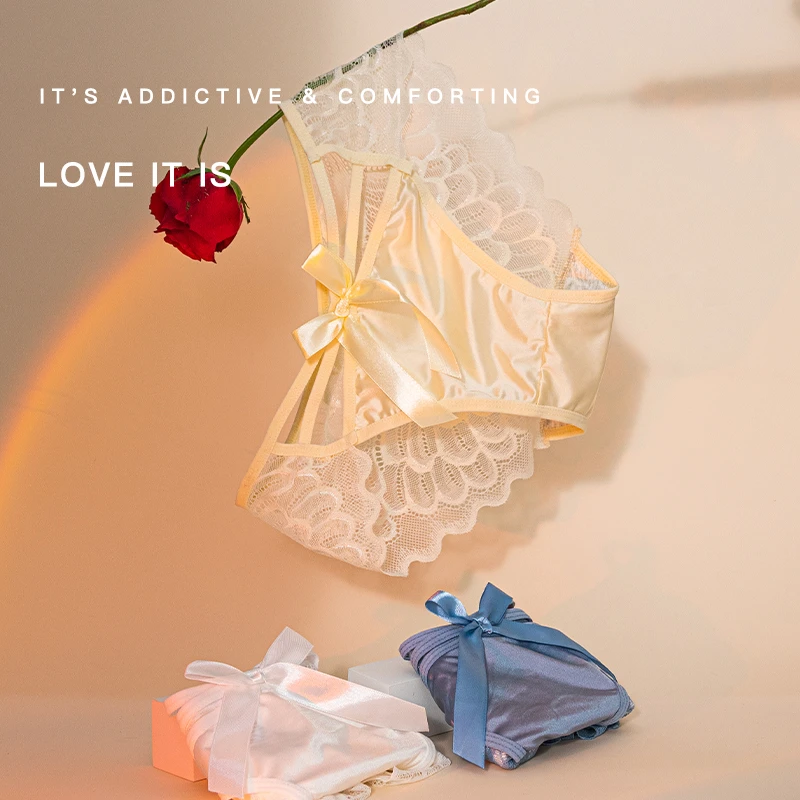 2025新品玫瑰风中腰无痕性感细带镂空诱惑蝴蝶结少女蕾丝三角内裤