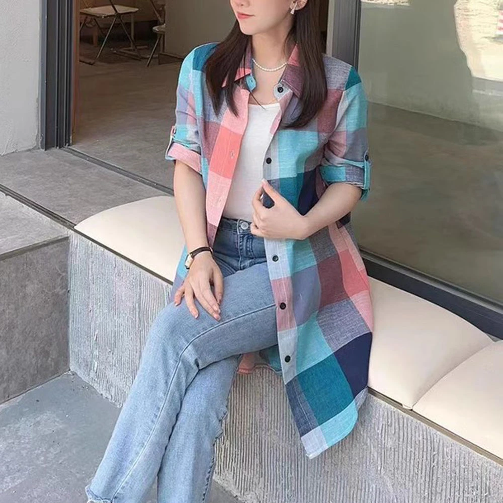 秋季新款polo领格子衬衫长袖中长款休闲洋气百搭减龄棉麻显瘦上衣