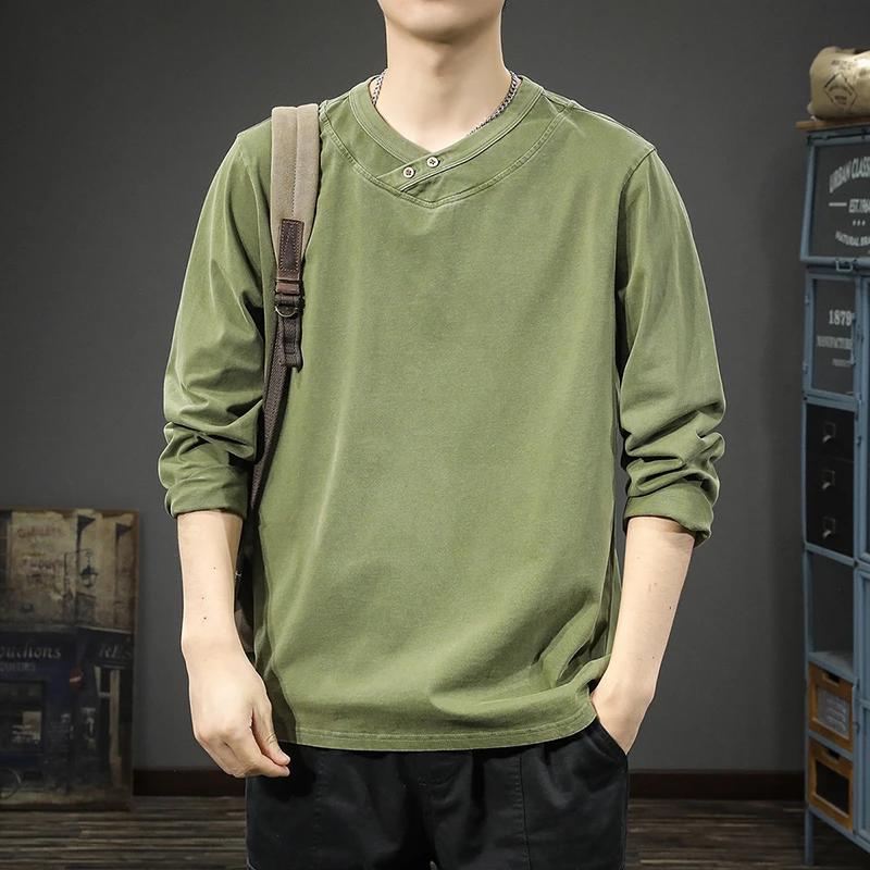 新款潮牌美式复古水洗长袖t恤男2025春季宽松纯棉休闲卫衣打底衫