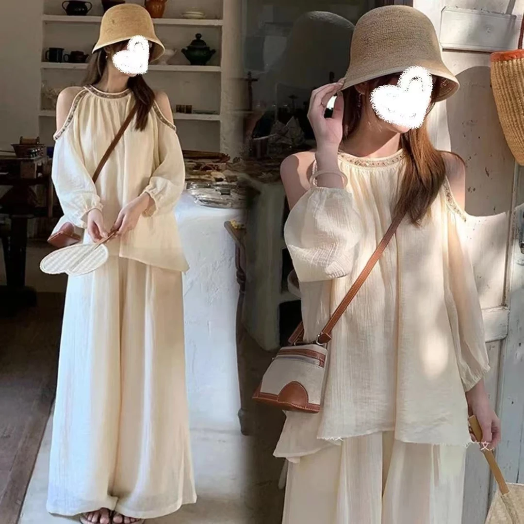 新款时尚韩版慵懒感透气薄款显瘦露肩上衣休闲阔腿裤裙