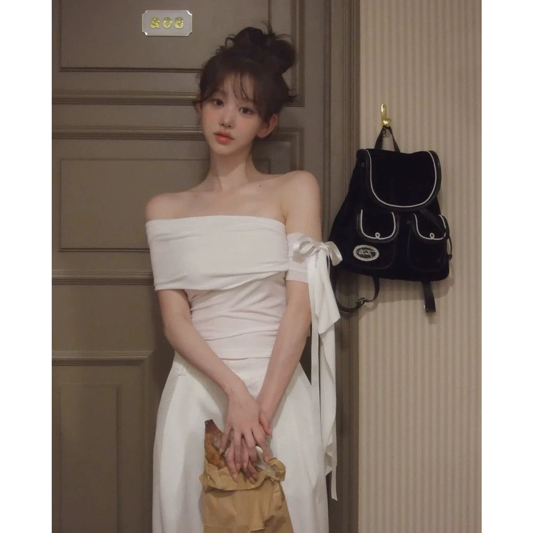 2025春季新款名媛设计感春夏新款甜辣甜美显瘦一字肩露肩T恤女