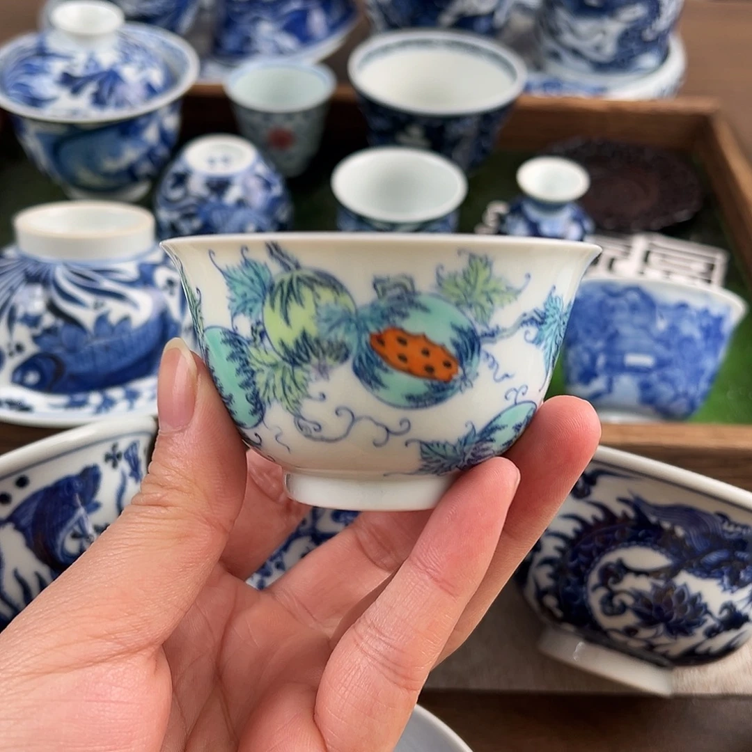 青花斗彩西瓜杯手工手绘