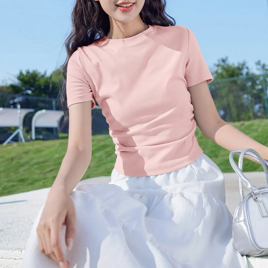 夏季新品！女士圆领修身收腰百搭短袖T恤F817