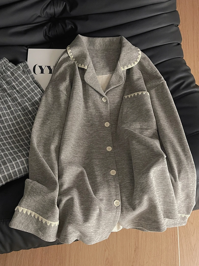 加厚加绒睡衣女冬季简约灰色长袖珊瑚绒开衫保暖开衫家居服两件套