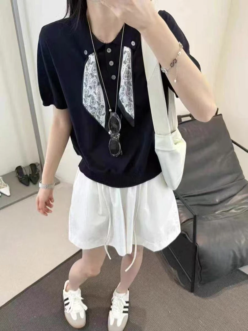 3225高品质女士针织T恤极简风翻领POLO领薄款衬衫百搭宽松减龄