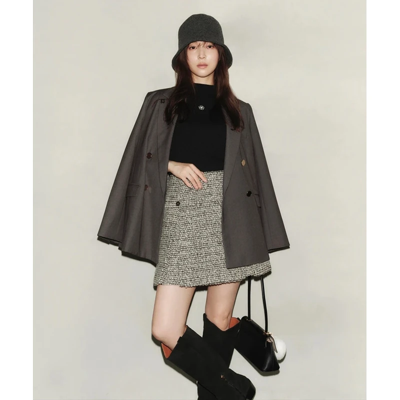 【MonTendre】A 秋冬新款 千金名媛风裁剪设计师粗花呢纽扣短裙