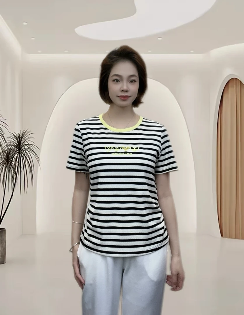 25年夏季新款休闲短袖女小衫大码宽松气质时尚百搭女款圆领条纹