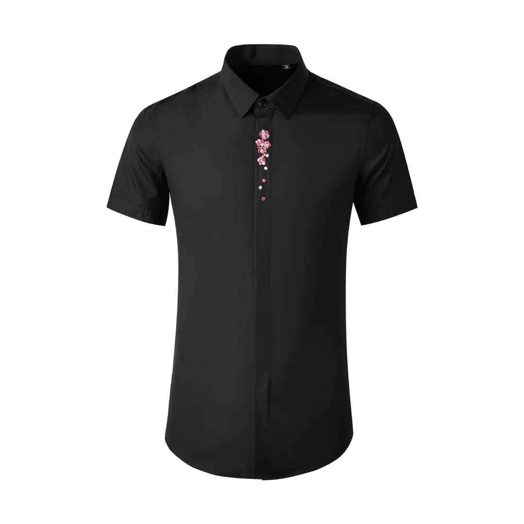 夏季短袖男式修身衬衫梅花刺绣休闲翻领商务男士透气时尚轻奢衬衣