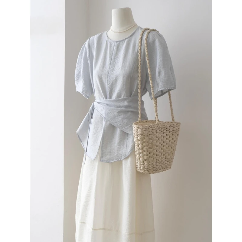 淡人系法式小资气质上衣高级感轻奢减龄洋气蓝色圆领短袖衬衫女夏