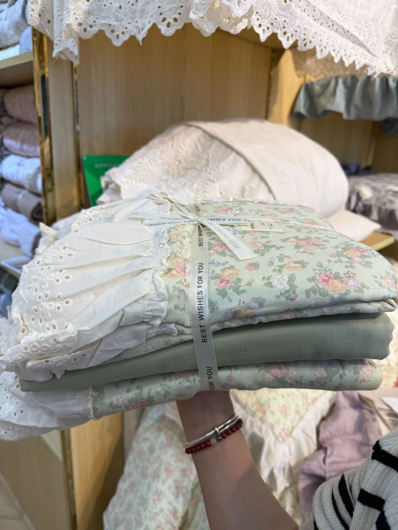 【宽边双层纱A】宽边蕾丝纯棉100%轻奢仙女款四件套床上用品