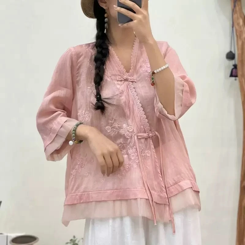 复古苎麻内包边V领刺绣盘扣上衣文艺百搭显瘦衬衫