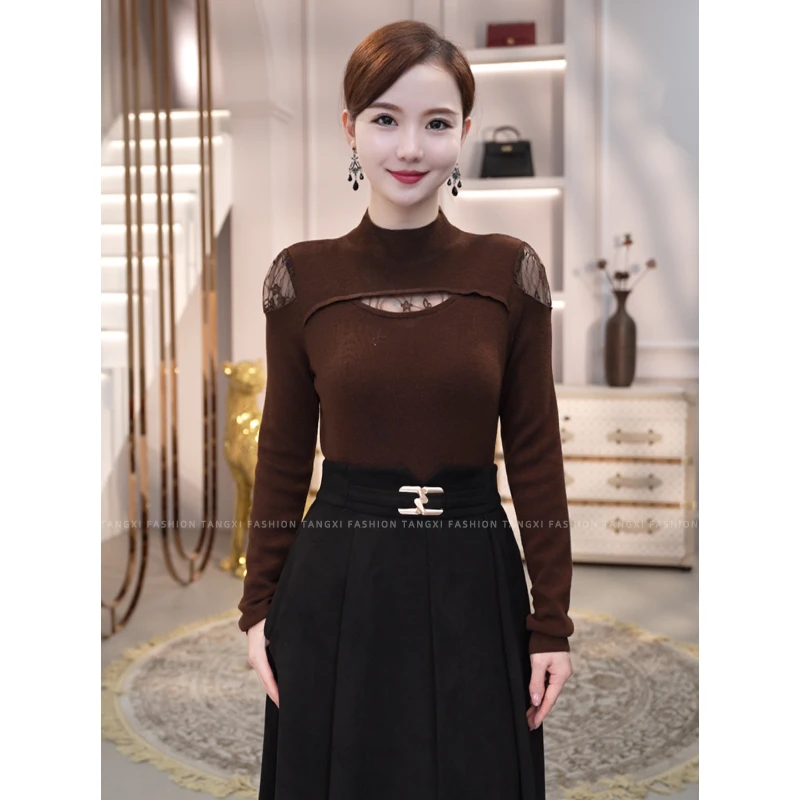 2025秋冬新款女装【JR-39】含绵羊毛拼接爆款针织衫咖色内搭毛衣女