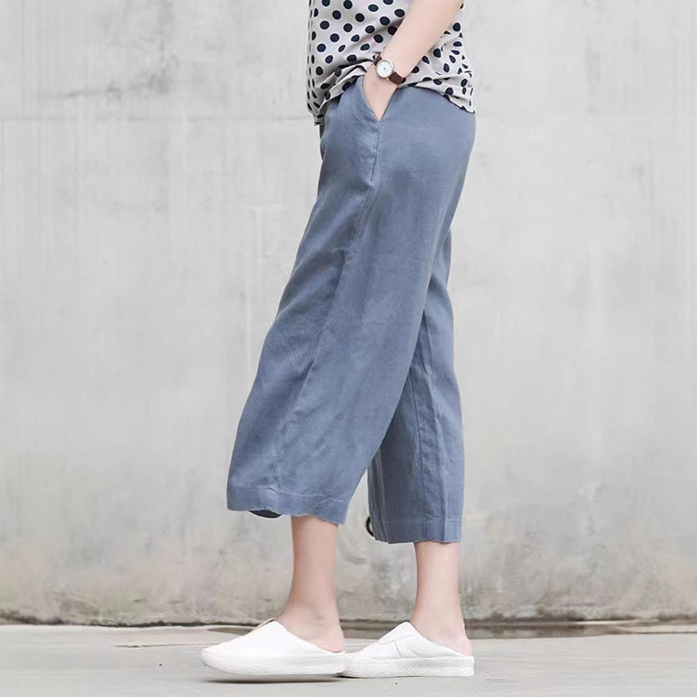 亚麻阔腿裤女夏季新款大码宽松薄款棉麻七分裤高腰显瘦直筒休闲裤