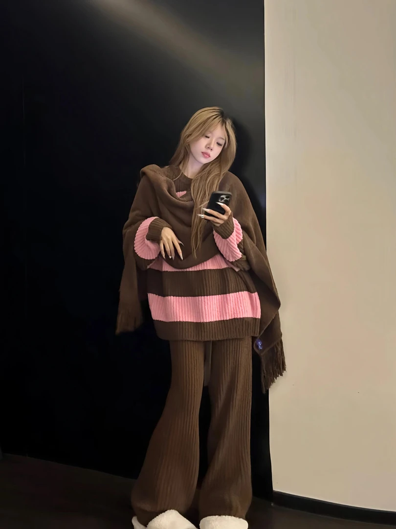 美拉德撞色针织毛衣睡衣女款秋冬可外穿家居服披肩长袖长裤三件套
