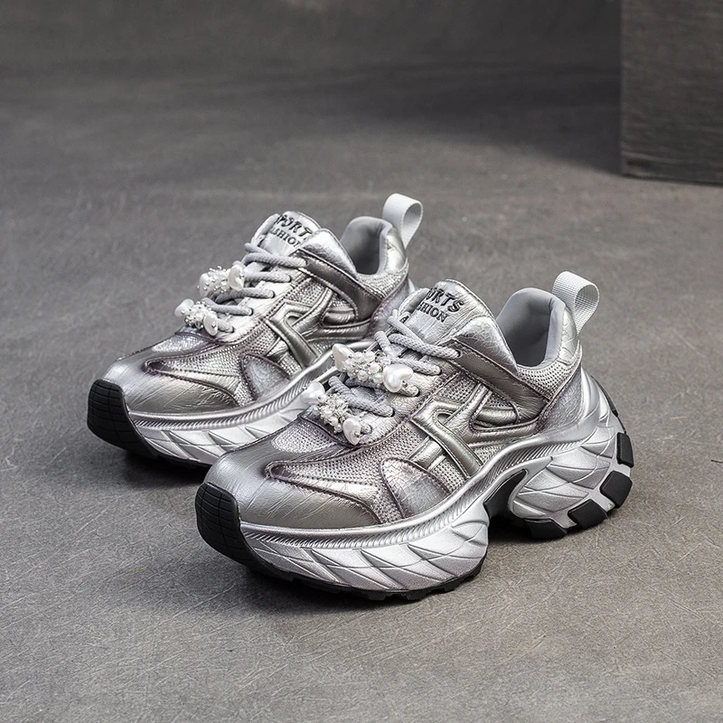 2025春夏新款老爹鞋增高系带拼色小个子百搭女鞋