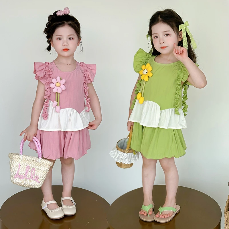女童夏装套装2025新款儿童洋气小飞袖娃娃衫女孩夏季花苞裤两件套