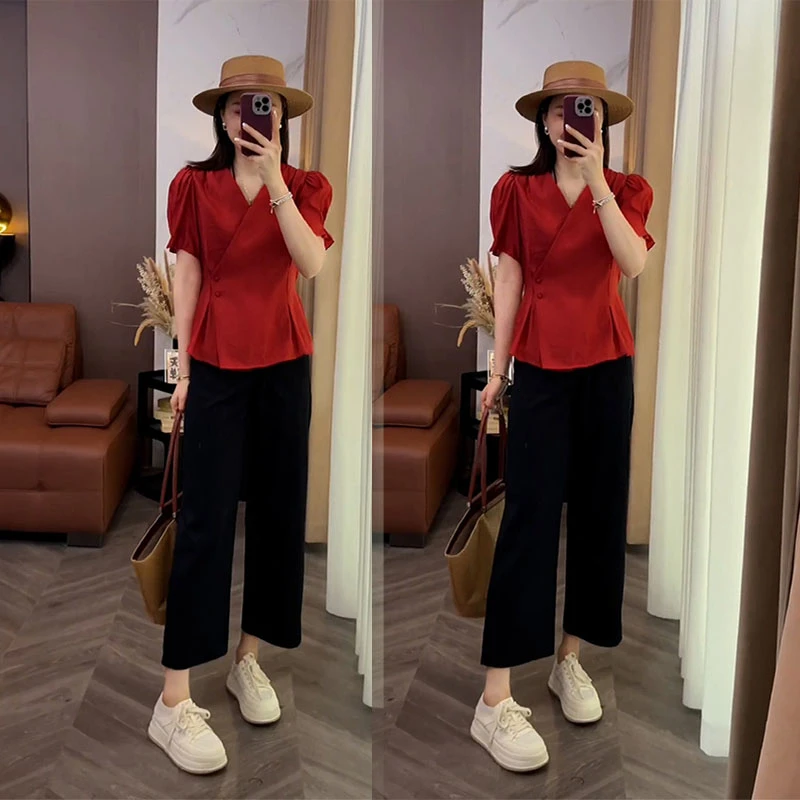 2025夏季新款法式V领不规则设计感短袖衬衫休闲九分裤显瘦两件套