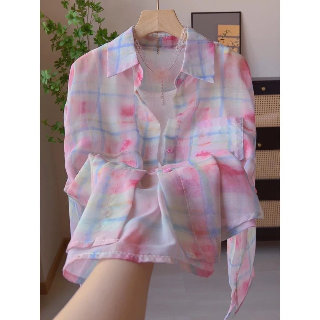 十三行韩系温柔风单排扣粉色格子防晒衬衫+背心女夏季时尚两件套