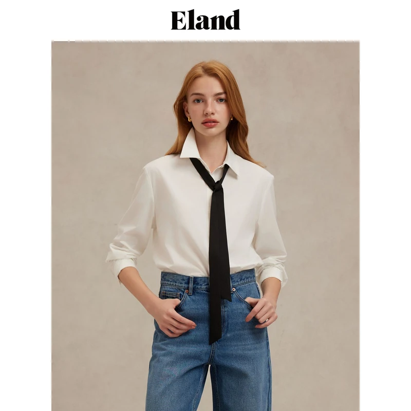 Eland衣恋简约百搭女士纯色配飘带通勤长袖衬衫通勤风EEYWF12E01