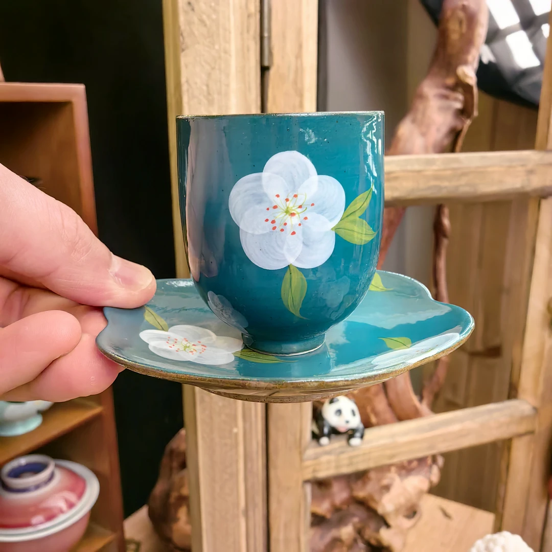 粉引手绘山茶花釉下彩面临杯子杯垫主人杯品茗杯家用陶瓷杯复古