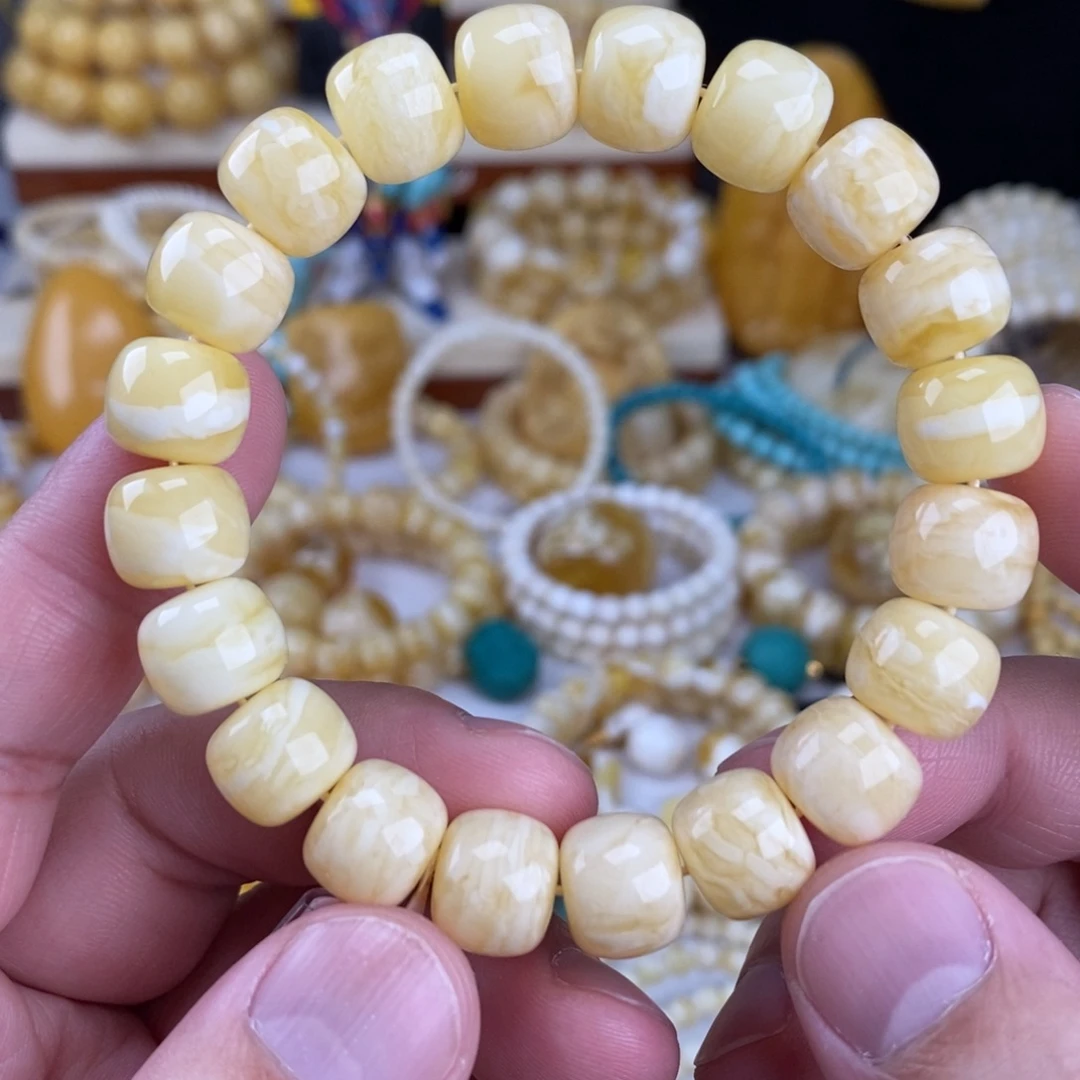 蜜蜡未镶嵌手链瓷白细纹白蜡虎皮12mm