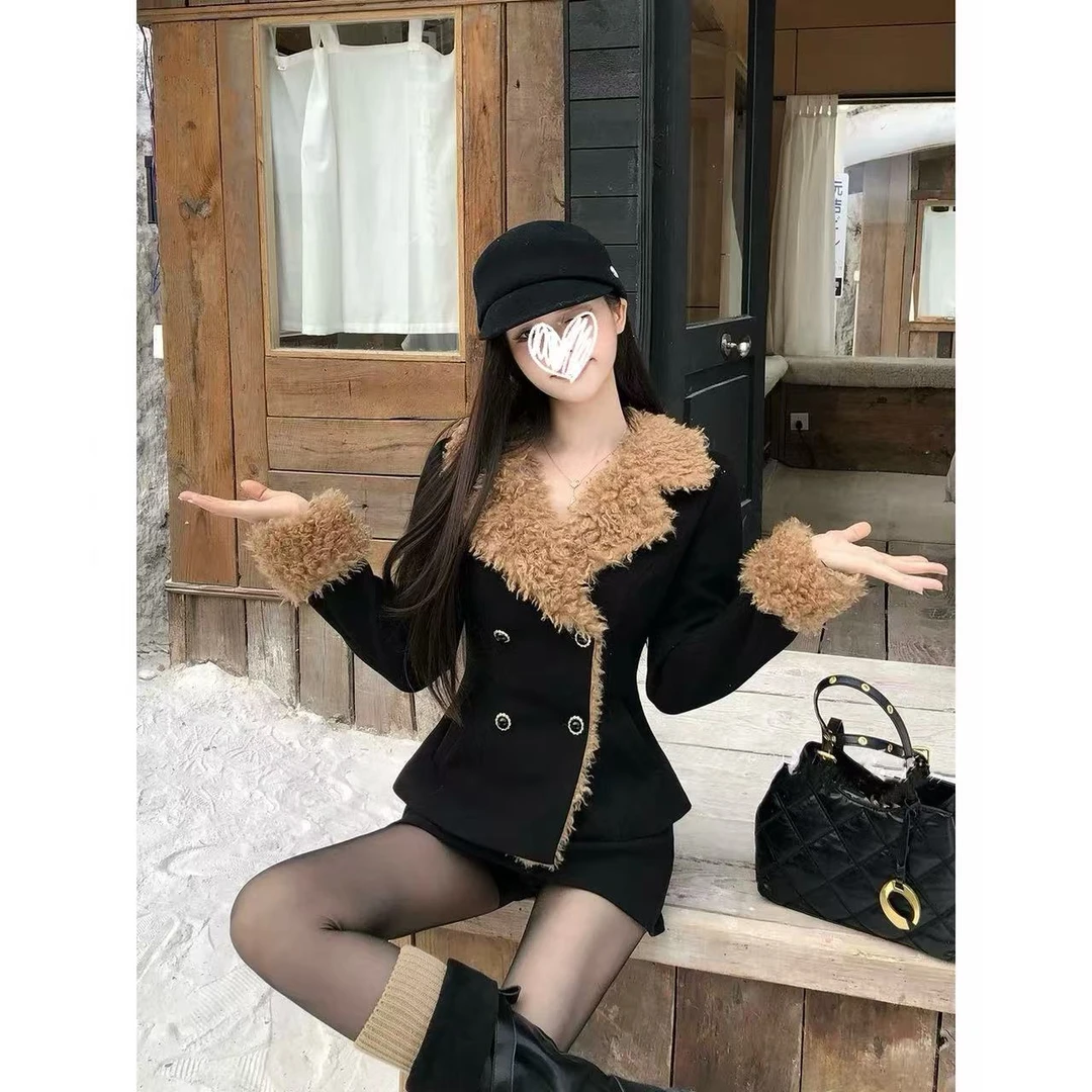 【典雅新贵】千金风双排扣设计翻毛领黑色夹棉外套半裙套装