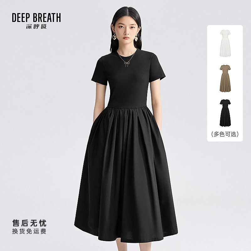 DEEP BREATH深呼吸女装圆领针拼梭收腰短袖连衣裙连衣裙A500476