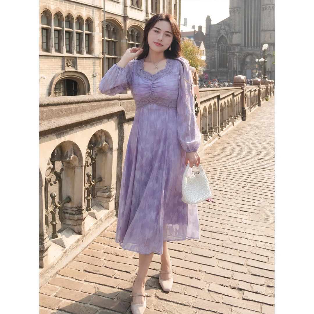 ERINA姨太太原创微胖【雾紫轻萦】法式优雅印花连衣裙蕾丝拼接裙