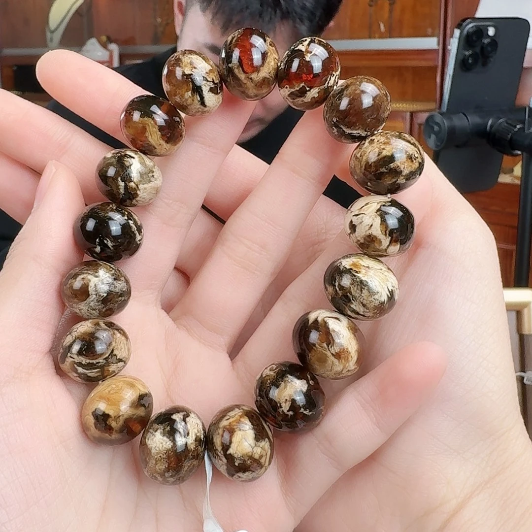 天***龙琥珀未镶嵌手串抚顺琥珀 溶洞干白花 15m