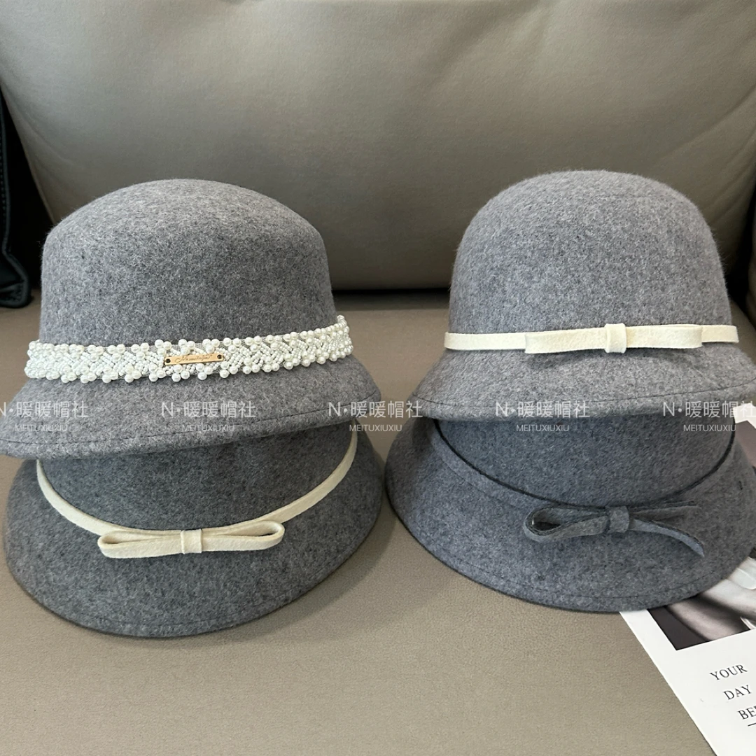 灰色帽子合集赫本风蝴蝶结渔夫帽子法式礼帽帽子女留洋千金盆帽