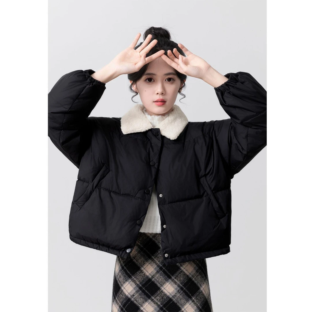 短款翻领棉服新款加厚领面包服冬季外套小个子