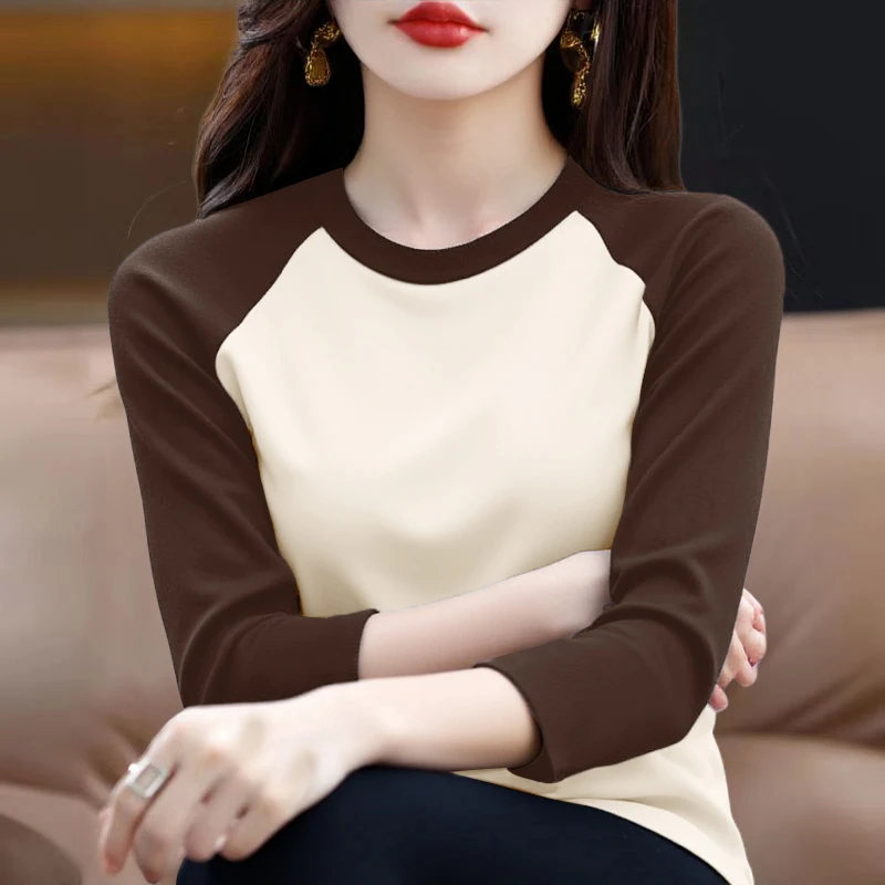 时尚撞色拼接长袖T恤女25秋冬加厚螺纹德绒半高领洋气百搭打底衫